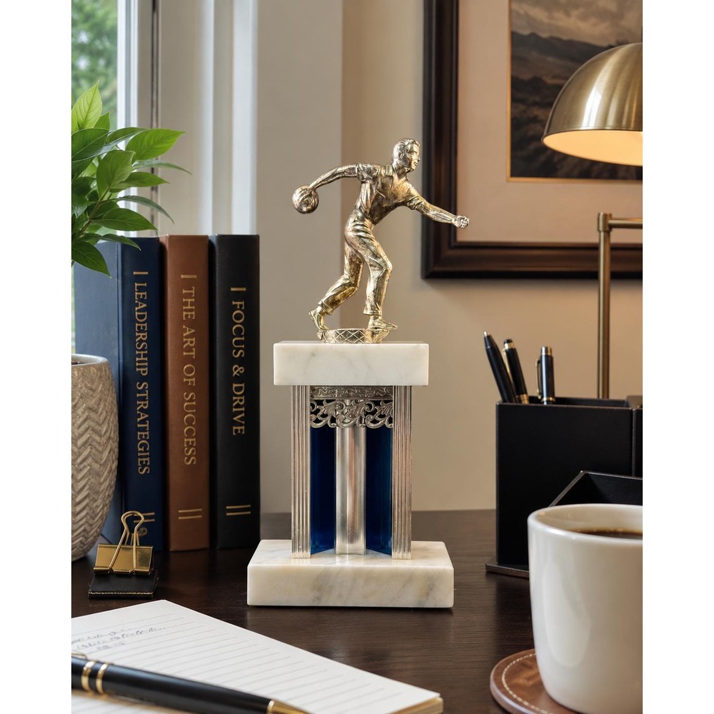 Vintage Bowling Trophy Marble Blue Lucite Column MCM Decor 10.5" Sculpture
